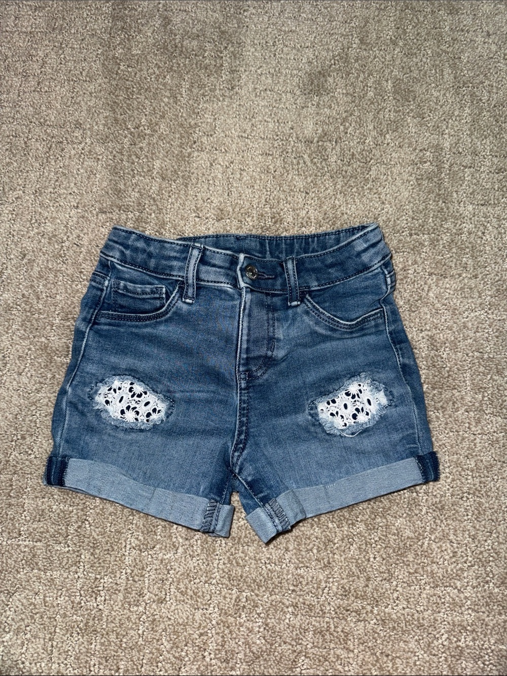 Denim Lace-Accent Girls denim Shorts - Blue